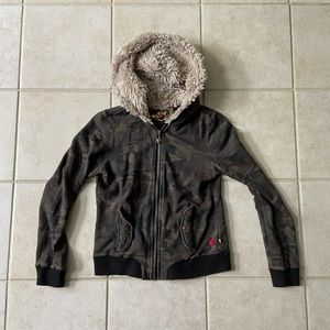 Vintage Juicy Couture Army Print Zip Up with Fur